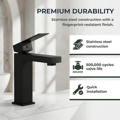 Matte Black Bathroom Faucet, Modern Single Handle Square Bathroom Sink Faucet with Pop Up Drain Assembly, Stainless Steel Vanity Bathroom Faucets, Single Hole Deck Mount,BF011B