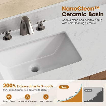 60 Inch Double Sink Bathroom Vanity, Light Walnut | Fully Assembled Bathroom Sink Cabinet, Marble Countertop & Backsplash, Soft Closing 4 Doors & 3 Drawers, Adjustable Shelves