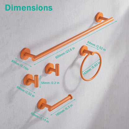 Bathroom Hardware Set,5 Pieces Bathroom Towel Bar Set,24 inch Towel Bar,Towel Ring for Bathroom,Robe Towel Hooks,Toilet Paper Holder Wall Mounted(Drilling),Orange,SE96006S-5HOR