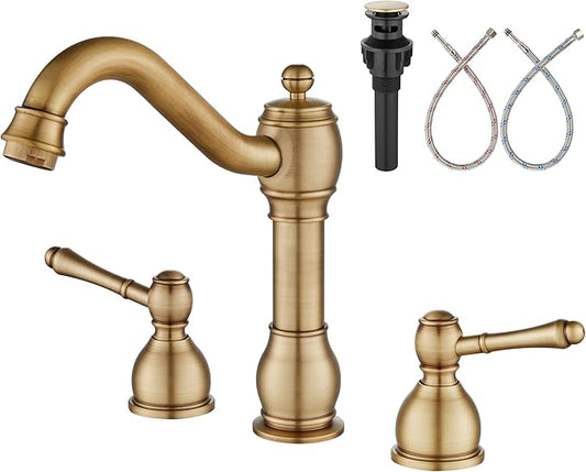 Aolemi 8 Inch Widespread Bathroom Sink Faucet 3 Hole Deck Mount Vanity Basin Mixer Tap with Pop Up Drain Assembly Antique Brass Double Lever Handle