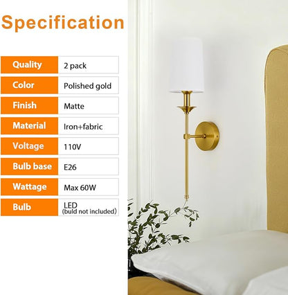PASSICA DECOR Hardwired Wall Sconces Set of 2 Candle Gold Wall Light for Bedroom Living Room Vanity Hallway Farmhouse Wired Bathroom Sconce