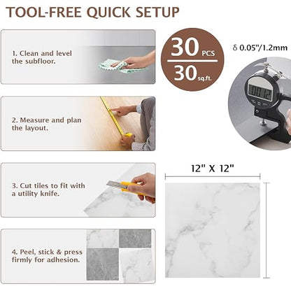 Peel and Stick Floor Tile, 30 PCS 12" x 12" Checkered Waterproof Marble Texture Luxury Vinyl Tiles, Easy DIY Self Adhesive Vinyl Flooring for Bathroom, Kitchen, Living Room, Gray/White
