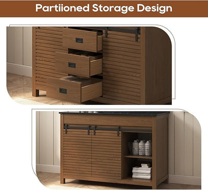 48 Inch Bathroom Vanity with Sink, Farmhouse Solid Wood Frame Vanity with Sink, Sliding Barn Door Bathroom Storage Cabinet with Soft-Closing Dovetail Drawers, Brown Oak