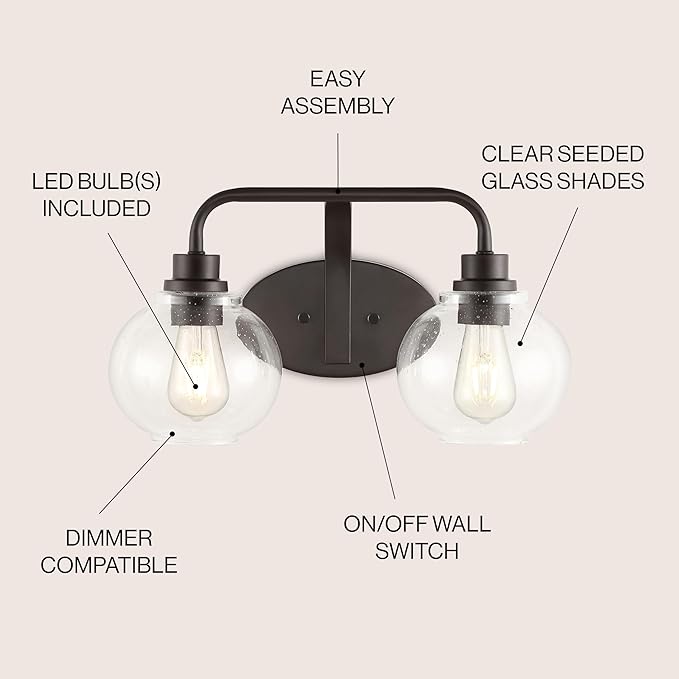 JONATHAN Y 17.5" Oil Rubbed Bronze Farmhouse LED Vanity Light Wall Sconce for Bathroom, Clear Seeded Glass Shade, Industrial Iron Indoor Fixture, LED Bulb Included (JYL7527A)