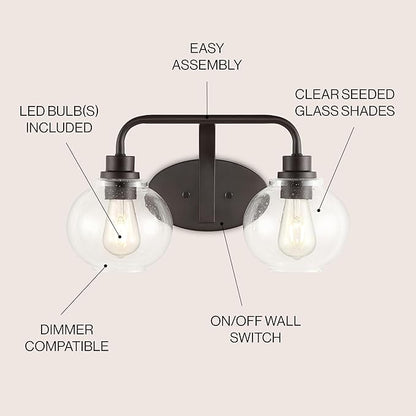 JONATHAN Y 17.5" Oil Rubbed Bronze Farmhouse LED Vanity Light Wall Sconce for Bathroom, Clear Seeded Glass Shade, Industrial Iron Indoor Fixture, LED Bulb Included (JYL7527A)