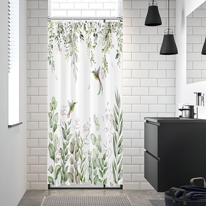 HVEST Sage Green Eucalyptus Shower Curtain for Bathroom, Spring Green Leaf and Pink Floral with Hummingbird on White Shower Curtain with Hooks Botanical Bathroom Curtains Shower Set, 48W X 72L inches