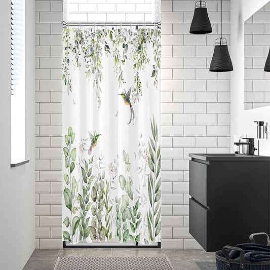HVEST Sage Green Eucalyptus Shower Curtain for Bathroom, Spring Green Leaf and Pink Floral with Hummingbird on White Shower Curtain with Hooks Botanical Bathroom Curtains Shower Set, 48W X 72L inches