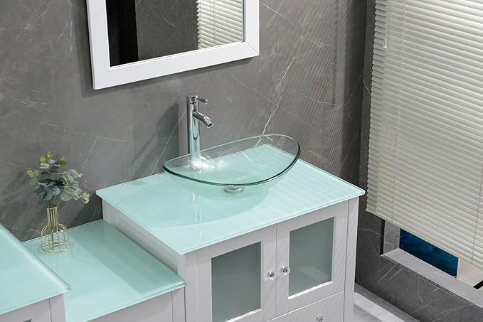 76" Freestanding Wooden Modern Bathroom Vanity with Double Vessel Sink Set Bathroom Mirror Included (Clear Sink White)