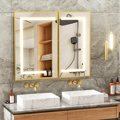 APRILSOUL 36x30 Inch Lighted Bathroom Medicine Cabinet with Mirror, Gold Recessed or Surface Mount Medicine Cabinet Mirror with Storage and LED Lights, 3 Colors Temperature, Dimmable Light