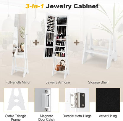 NAFORT Standing Mirror Jewelry Cabinet with 12 LED Lights, Large Storage Mirror Full Length, Jewelry Armoire with 3 Storage Shelves, 3 Angle Adjustments, White