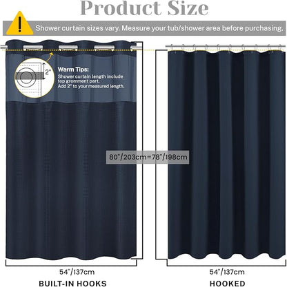 SORTTO No Hook Shower Curtain with Snap in Liner Set Waffle Shower Curtain for Bathroom Hotel Style Fabric Waterproof Inner Liner，54" W x 80" H, Navy Blue