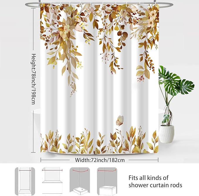 Brown Floral Eucalyptus Shower Curtain with Hooks, 72x78 Inch | Waterproof Fabric, Watercolor Leaves and Floral, Botanical Style, Machine Washable, Quick-Drying, for Hotel Bathroom