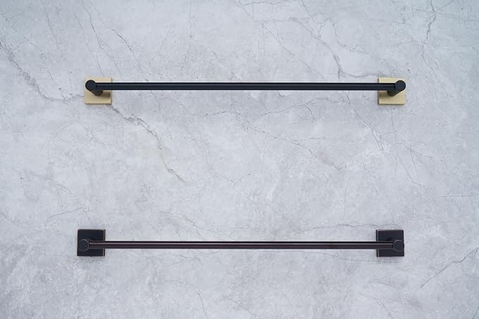SENTO VINTO Bathroom Accessories Set, Heavy Duty Metal Bath Hardware Set Wall Mounted, Includes Robe Hook, Standard Toilet Paper Holder, Towel Ring, 24” Towel Bar (4-Piece, Matte Black+Satin Brass)