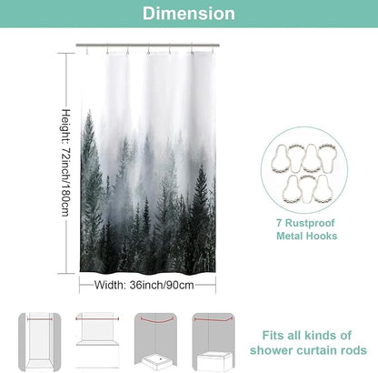 ORTIGIA 36x72 Misty Forest Stall Shower Curtain for Small Bathroom, Dark Green Half Size Narrow Nature Woodland Shower Curtain Set with Hooks, Waterproof Fabric Pine Tree Fog Magic Home Bath Curtain