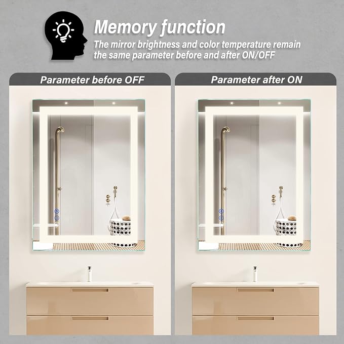 32"x 24" LED Bathroom Mirror Vanity Mirror, Anti-Fog, Dimmable, Color Temperature Adjustable 3000-6000K, Switch-held Memory Led Wall Mirror Suitable for Bathroom, Vanity (Vertical/Horizontal) | Anti-Fog+Dimmable+Color Temperature Adjustable+Switch-held...