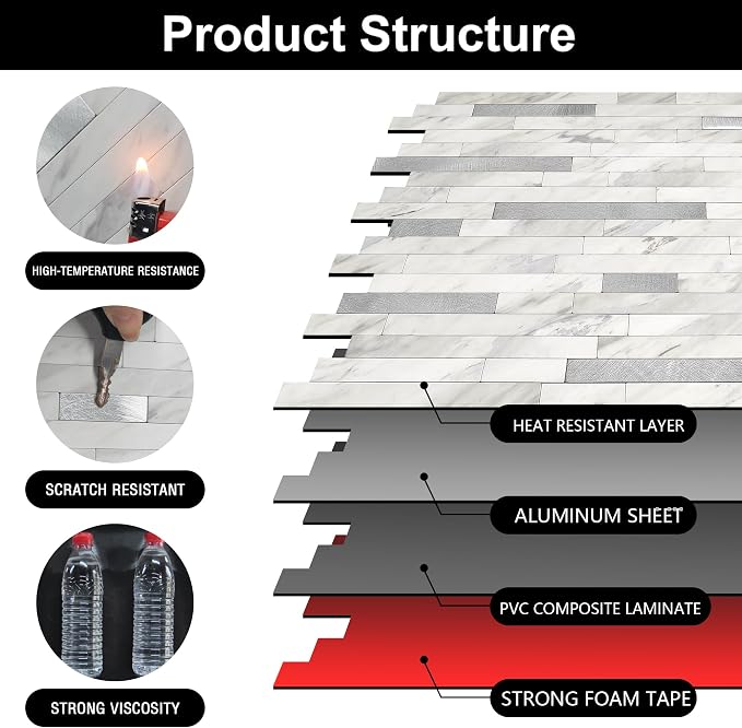 Peel and Stick Backsplash for Kitchen | Self-Adhesive Metal Silver White Marble Subway Tiles | Decorate Kitchen Laundry Fireplaces, 10PCS