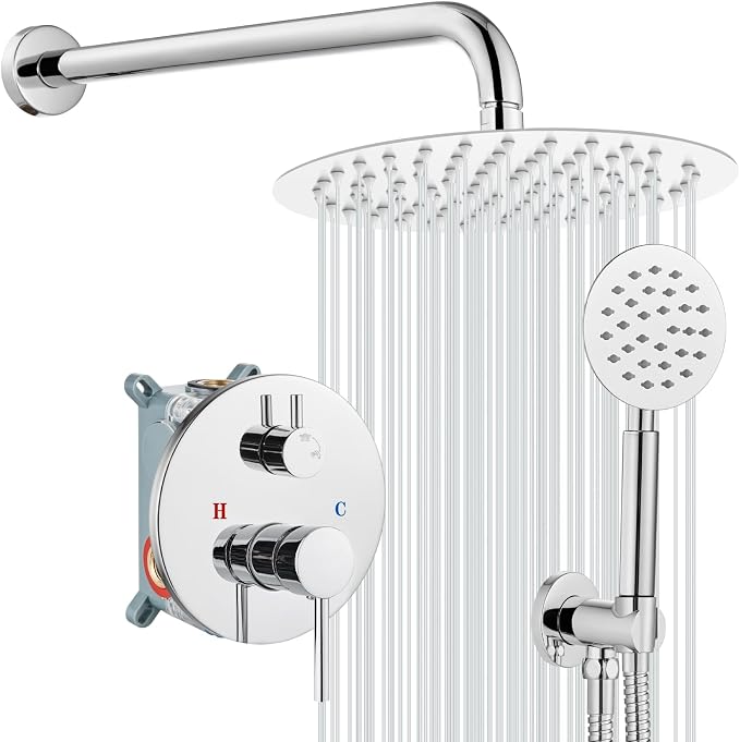 gotonovo High Pressure Shower System Valve and Trim Kit,Polish Chrome | Round Rain 10 Inch Shower Head with Handheld Faucet Set Complete,Rough In Valve,2-in-1 Diverter,All Metal,Bathroom Wall Mount