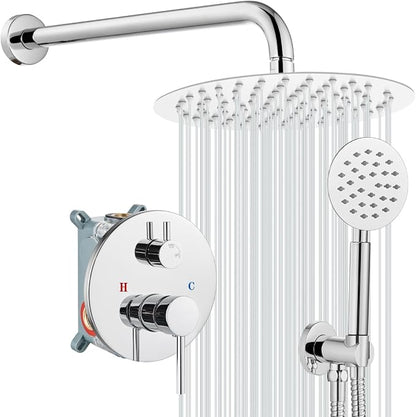 gotonovo High Pressure Shower System Valve and Trim Kit,Polish Chrome | Round Rain 10 Inch Shower Head with Handheld Faucet Set Complete,Rough In Valve,2-in-1 Diverter,All Metal,Bathroom Wall Mount