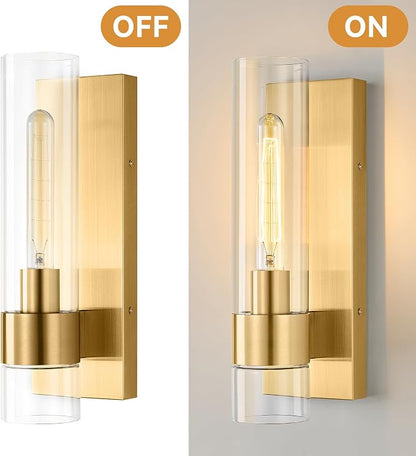 Gold Wall Sconces Set of 2, Modern Bathroom Sconces Wall Lighting Vanity Light Fixtures with Clear Glass, Bathroom Sconces Set of 2, Indoor Wall Sconce for Bathroom Living Room Bedroom