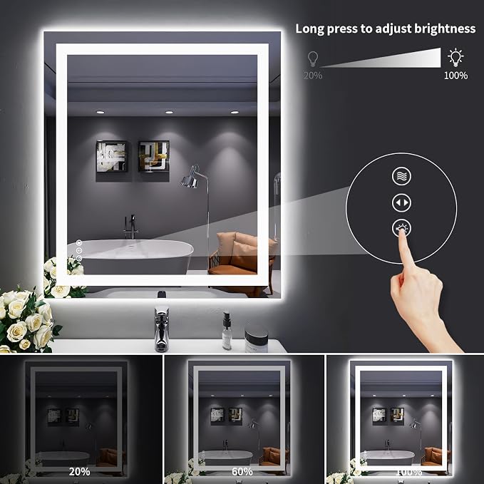 LOAAO 32"X36" LED Bathroom Mirror with Lights, UL Listed | Anti-Fog, Dimmable, 3 Color Temperature, Backlit + Front Lit, Memory Function, Tempered Glass