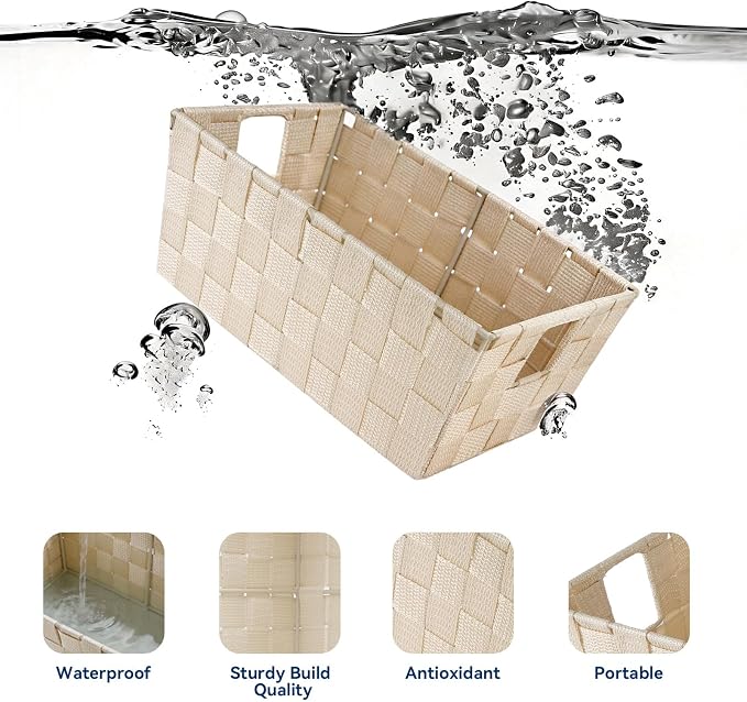 Whitmor Small Woven Storage Baskets for Shelves - Decorative Bathroom Organizer Bins with Metal Structure, Versatile Shelf Storage Solution for Home Organization & Closet (Latte)