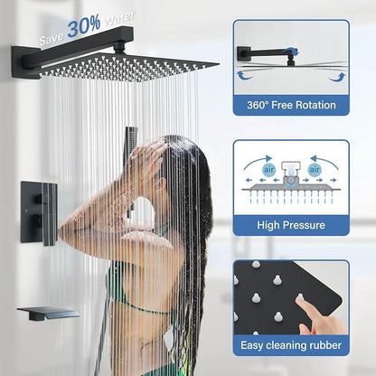 Matte Black Shower System with Tub Spout,All Metal Bathtub Shower Faucet Set With 10-Inch High Pressure Rainfall Head and Handheld Sprayer,Wall Mount for Bathroom Remodel