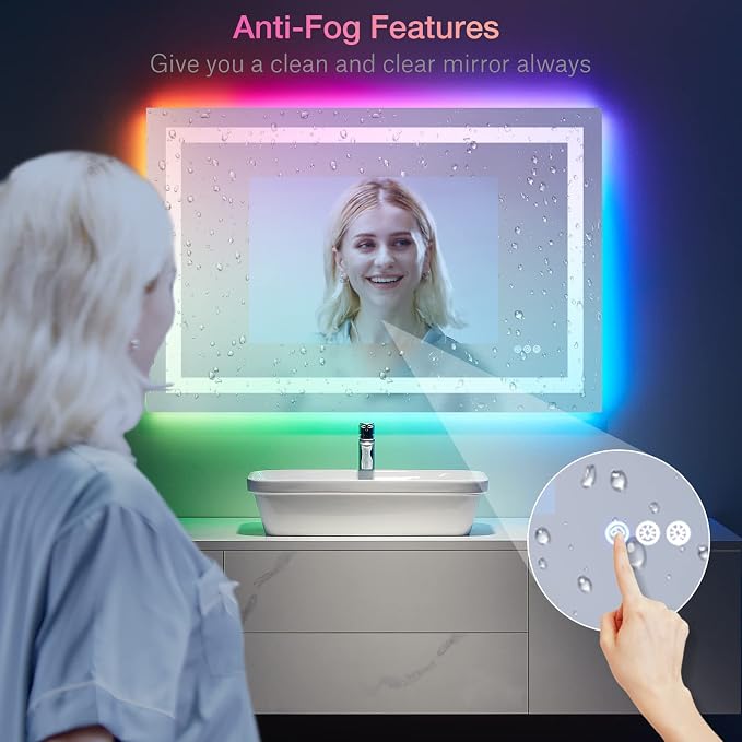 LOAAO 48"X40" RGB LED Bathroom Mirror with Lights, UL Listed | Anti-Fog, Dimmable, RGB Backlit + Front Lighted, Memory Function, Tempered Glass