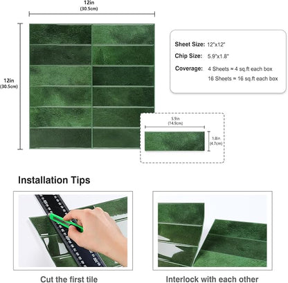 CRE8TIVE 4 Sheets Green Straight Linear Peel and Stick Backsplash Stick on Tiles for Kitchen Bathroom Green Wall Tile Stickers Waterproof 12"x12" Renter Friendly Self Adhesive Kitchen Backsplash Tiles