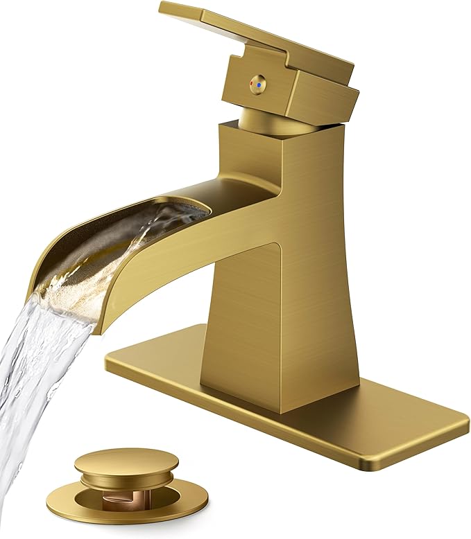 FORIOUS Brushed Gold Bathroom Faucet 1 Hole, Single Handle Waterfall Bathroom Faucets with Pop-Up Drain for Commercial, Vanity, Lavatory, Restroom, Farmhouse
