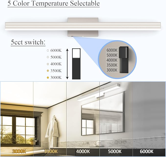 Ralbay 40inch Brushed Nickel Vanity Light with 5 Color Temperature (2700K-6000K) Dimmable Acrylic Metal 36W LED Modern Bathroom Lighting Over Mirror