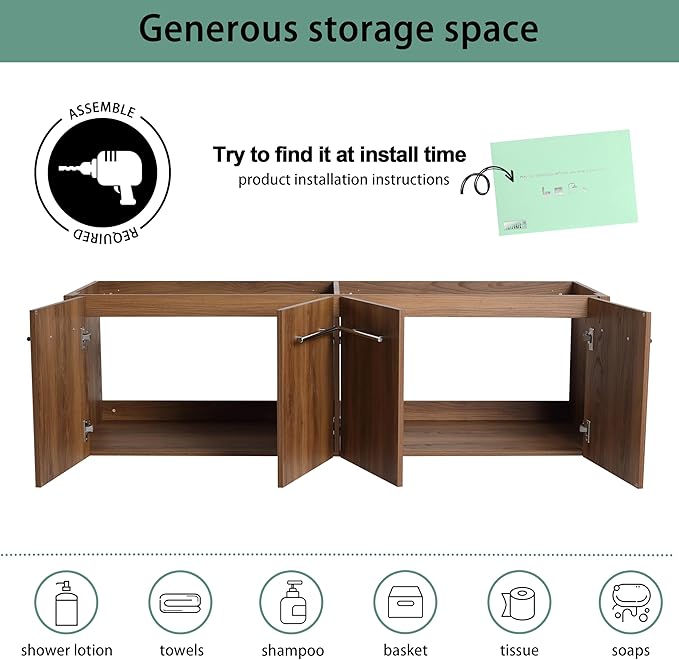 60 Inch Floating Bathroom Vanity,60" Bathroom Vanity Without Sink,Modern Bathroom Vanity Cabinet,Brown Wall Mounted Cabinet(Sink Basin Not Included)