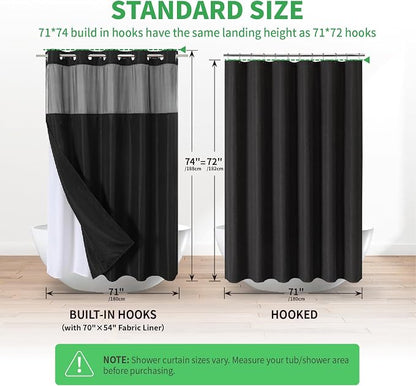 eachope No Hooks Needed Linen Textured Shower Curtain with Snap-in Fabric Liner Set,Black Hotel Luxury Decor Shower Curtains for Bathroom with Mesh Top Window,Waterproof & Washable,71Wx74H | 230GSM Thick Fabric,Hotel Luxury Decor,Mesh Top Window,Waterp...