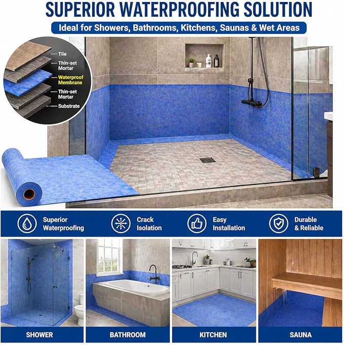 Shower Waterproofing Membrane Roll, 3.3x98.5 FT, 323 Sq Ft, 23.6 Mil | Blue HDPE membrane for tile shower walls, floors, bathrooms and saunas; bonds with thin-set mortar for reliable installation
