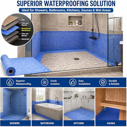 Shower Waterproofing Membrane Roll, 3.3x98.5 FT, 323 Sq Ft, 23.6 Mil | Blue HDPE membrane for tile shower walls, floors, bathrooms and saunas; bonds with thin-set mortar for reliable installation