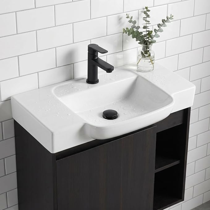 28" Bathroom Vanity with Sink, Wall-Mounted Cabinet, Dark Oak | Ceramic Sink, Soft-Close Door & 2 Open Storage Shelves, Modern Farmhouse Sink Cabinet, Easy to Clean for Small Bathroom