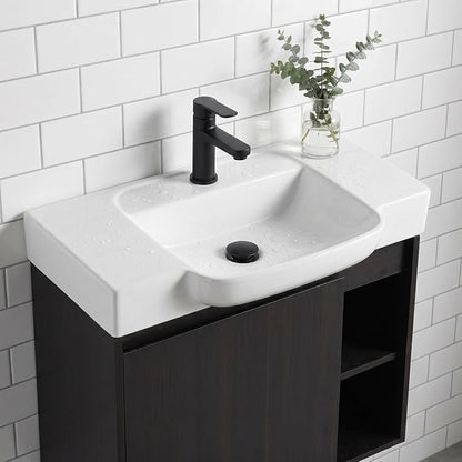 28" Bathroom Vanity with Sink, Wall-Mounted Cabinet, Dark Oak | Ceramic Sink, Soft-Close Door & 2 Open Storage Shelves, Modern Farmhouse Sink Cabinet, Easy to Clean for Small Bathroom