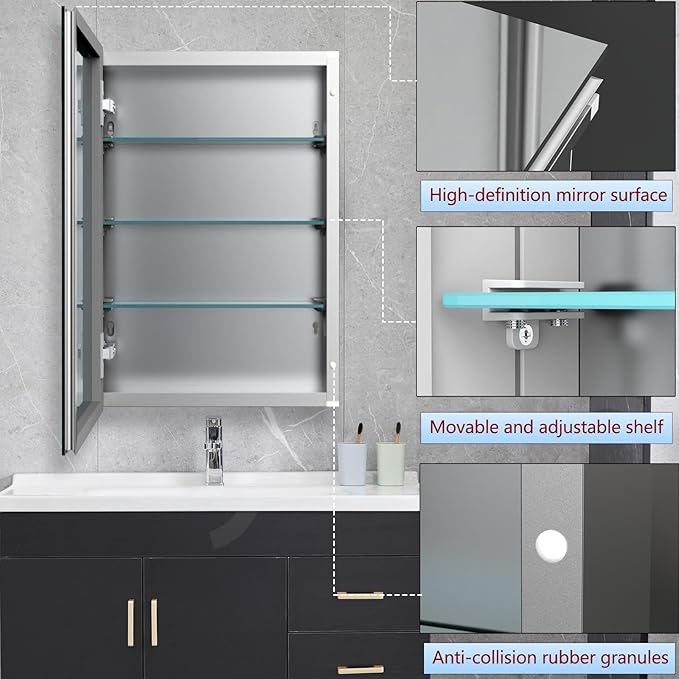 Medicine Cabinet with Mirror, 20x30 inch Bathroom Cabinet, Assembly Needed, Aluminum Surface Mount or Recessed Wall Cabinet, Adjustable Glass Shelves, Suitable for Bathroom Bedroom