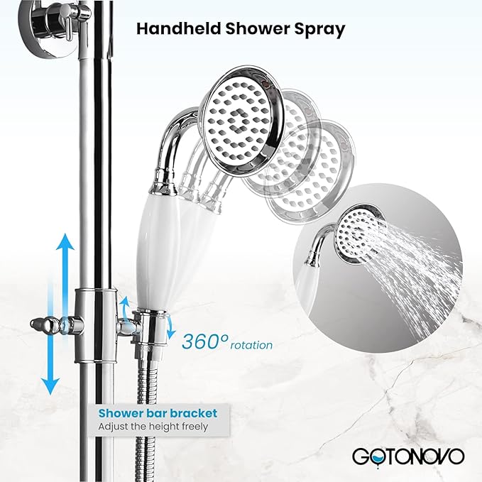 gotonovo Polish Chrome 8 inch Rainfall Shower Head With Adjustable Ceramics Handheld Sprayer Dual Functions Exposed Shower Faucet with Shower Shelf Wall Mounted Double Cross Handles
