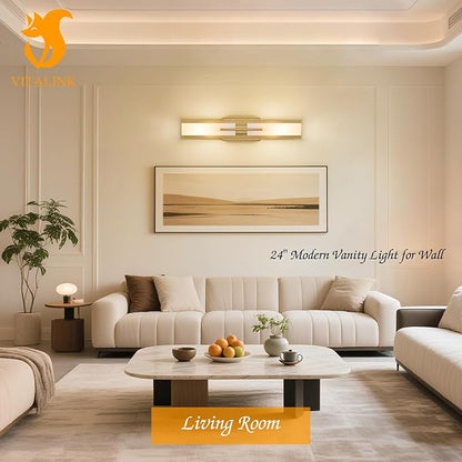VitaLink Gold Vanity Light, 24” Modern Bathroom Wall Light Over Vanity Mirror 2-Light Hardwired Milky White Glass Wall Light for Bedroom Living Room Dining Room Hallway