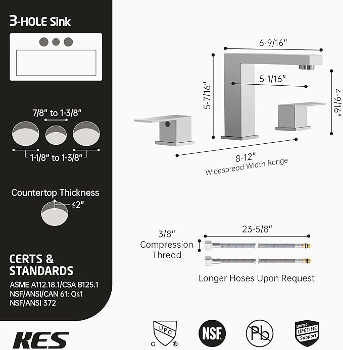 KES Bathroom Sink Faucet 8-Inch Widespread Bathroom Faucet 3 Hole Vanity Faucet Supply Hose Included SUS304 Stainless Steel Brushed Finish, L4350LFF12-BS