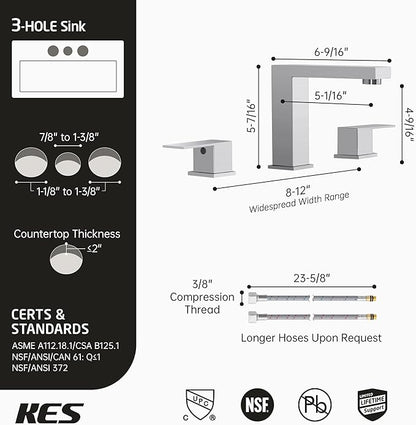 KES Bathroom Sink Faucet 8-Inch Widespread Bathroom Faucet 3 Hole Vanity Faucet Supply Hose Included SUS304 Stainless Steel Brushed Finish, L4350LFF12-BS