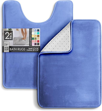 Clara Clark 2 Piece Bathroom Rugs, Velvet Memory Foam Bath Mat Set, Non-Slip Bath Rugs, Machine Wash, Dries Quickly, Ultra Soft Plush Bath Mats for Bathroom, 17 x 24 + Contour, Calm Blue