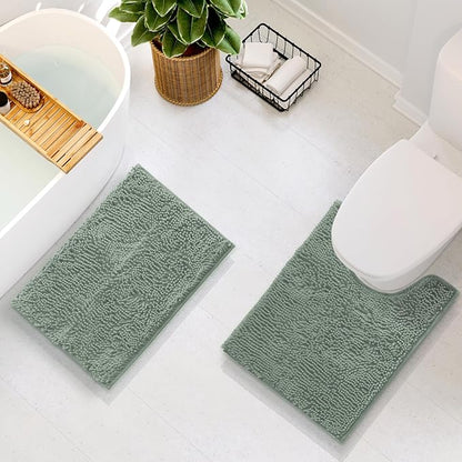 Hearth & Harbor Bathroom Rugs, Chenille Bath Mat - Machine Washable Bath Mats for Bathroom Non-Slip Backing Rubber, Quick Dry Bathroom Mat, 17 x 24 + 20 x 24 - Ice Green