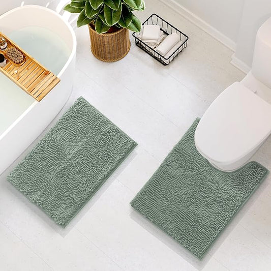 Hearth & Harbor Bathroom Rugs, Chenille Bath Mat - Machine Washable Bath Mats for Bathroom Non-Slip Backing Rubber, Quick Dry Bathroom Mat, 17 x 24 + 20 x 24 - Ice Green