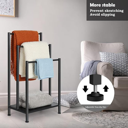 Free Standing Blanket Ladder Holder Rack, 3 Tier Black Metal Towel Racks Stand with Wooden Storage Shelf, Multipurpose Towel Drying Holder stand for Bath & Blanket, Washcloths, Tub or Shower Organizer
