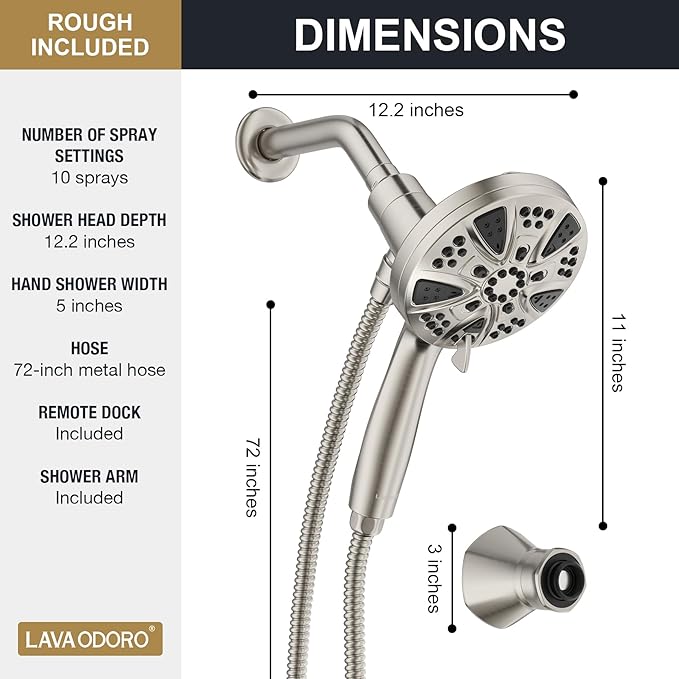 Handheld Shower Head with Magnetic Docking System | 9-Function High Pressure Detachable Shower Head, 5-inch Showerhead with 72 Inch Hose, Remote Dock, Brushed Nickel, SH180-BN-D