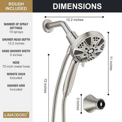 Handheld Shower Head with Magnetic Docking System | 9-Function High Pressure Detachable Shower Head, 5-inch Showerhead with 72 Inch Hose, Remote Dock, Brushed Nickel, SH180-BN-D