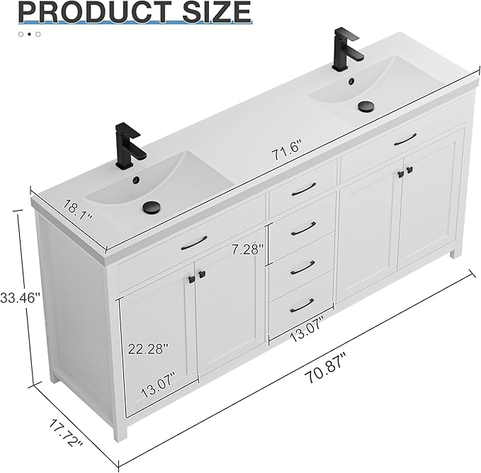 LUCKWIND 72" Bathroom Vanity and Sink Combo, Painted Modern Bathroom Storage Cabinet with Double Large Sink, Four Doors and Three Drawers, Include Faucet, Without Mirror, White
