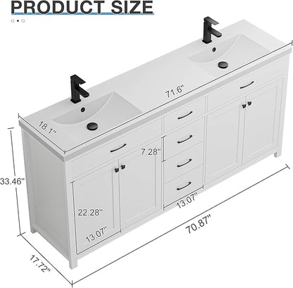 LUCKWIND 72" Bathroom Vanity and Sink Combo, Painted Modern Bathroom Storage Cabinet with Double Large Sink, Four Doors and Three Drawers, Include Faucet, Without Mirror, White