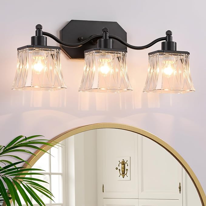 3-Light Matte Black Vanity Light, Vintage Crystal Glass Shades | Rust & Humidity Resistant Iron Frame,Mounted Over Mirror, Compatible with E26 Bulbs for Bathroom, Bedroom & Hallway